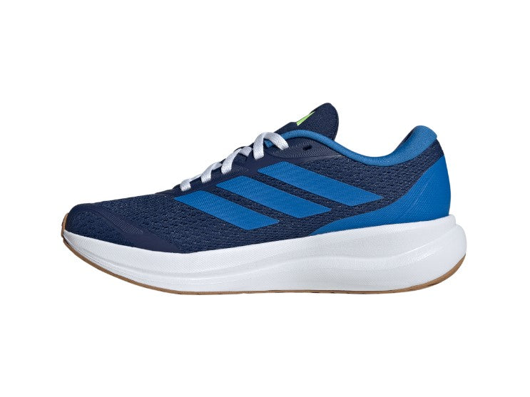 Blue and white running shoe with Adidas logo on a white background