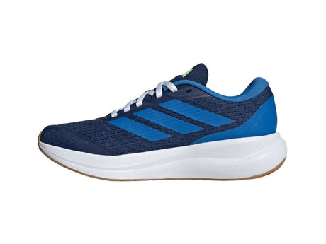 Blue and white running shoe with Adidas logo on a white background