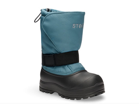 Blue winter boot with black sole on a white background
