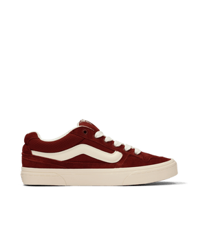 Maroon and white Vans sneaker on a transparent background.  Can be purchased at www.sneakersplus.ca