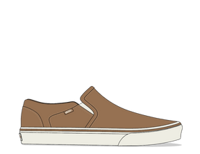 Brown slip-on shoe with white sole on a white background