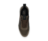 Brown sneaker with black accents on a white background