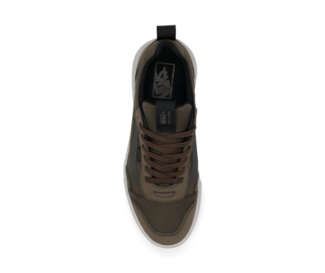 Brown sneaker with black accents on a white background
