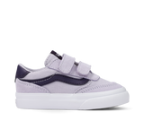Purple and white sneaker with velcro straps on a white background