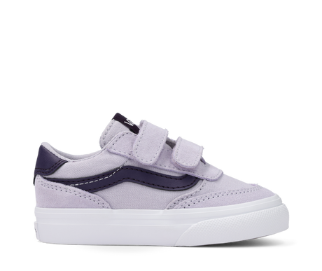 Purple and white sneaker with velcro straps on a white background