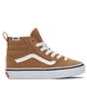Brown Vans sneaker with white laces on a white background
