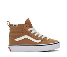 Brown Vans sneaker with white laces on a white background