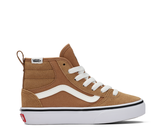 Brown Vans sneaker with white laces on a white background