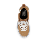 Tan sneaker with white laces on a white background