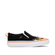 Black Vans slip-on sneaker with flame design on a transparent background