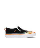 Black Vans slip-on sneaker with flame design on a transparent background