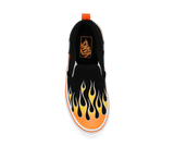 Black Vans slip-on shoe with orange and yellow flame design on a white background.  Can be purchased at www.sneakersplus.ca