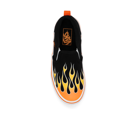Black Vans slip-on shoe with orange and yellow flame design on a white background.  Can be purchased at www.sneakersplus.ca