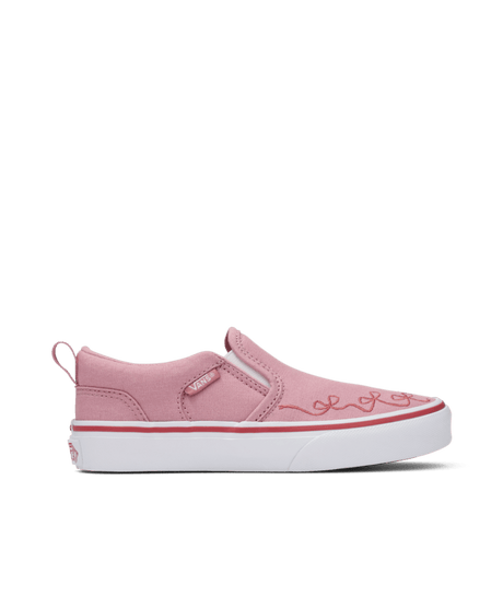 Pink Vans slip-on sneaker with white sole on a transparent background.  Can be purchased at www.sneakersplus.ca