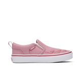Pink Vans slip-on sneaker with white sole on a white background