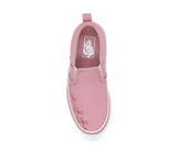 Pink slip-on Vans sneaker with an embroidered ribbon bow design on a white background