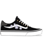 Black sneaker with four light purple floral designs on a transparent background