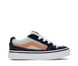 Navy and light grey sneaker with a golden brown brown accent  on a white background