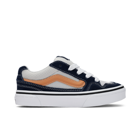 Navy and light grey sneaker with a golden brown brown accent  on a white background