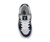 Navy and light grey sneaker with Vans logo on the sole from a top down view on a white background