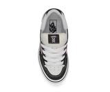 Black and white sneaker with Vans logo on the sole from a top down view on a white background