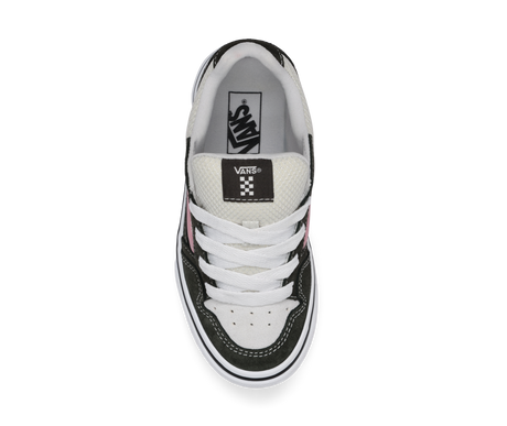 Black and white sneaker with Vans logo on the sole from a top down view on a white background