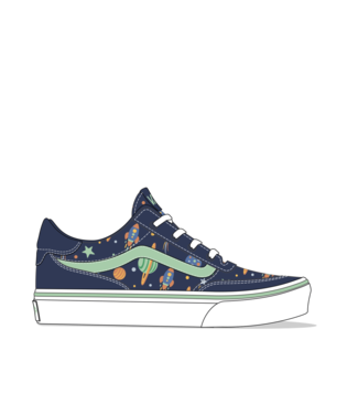 Navy blue sneaker with colorful pattern on a white background
