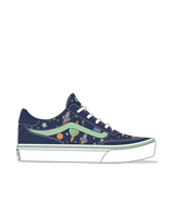 Navy blue sneaker with colorful pattern on a white background
