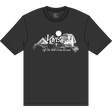 Black t-shirt with white graphic design on a white background
