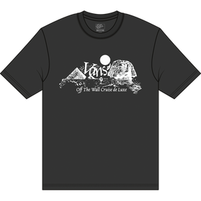 Black t-shirt with white graphic design on a white background