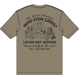 Greenish t-shirt with humorous graphic and text on a white background