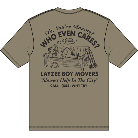 Greenish t-shirt with humorous graphic and text on a white background