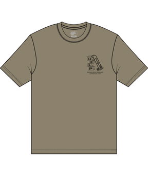 Greenish t-shirt with a logo on the chest against a green background