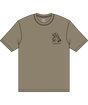 Greenish t-shirt with a logo on the chest against a green background