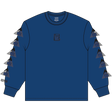 Blue long-sleeve shirt with geometric designs on sleeves against a white background