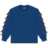 Blue long-sleeve shirt with geometric designs on sleeves against a white background