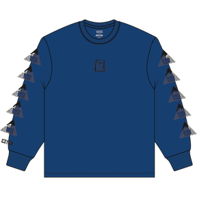 Blue long-sleeve shirt with geometric designs on sleeves against a white background