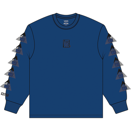Blue long-sleeve shirt with geometric designs on sleeves against a white background
