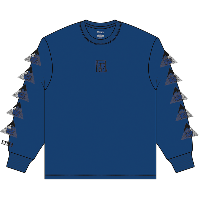 Blue long-sleeve shirt with geometric designs on sleeves against a white background