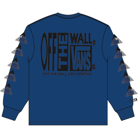Blue long-sleeve shirt with 'Off The Wall' and 'Vans' branding on a white background