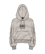 Taupe hoodie with brown chain details on a white background