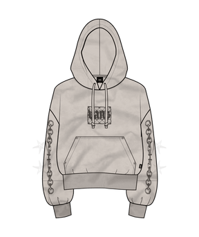 Taupe hoodie with brown chain details on a white background