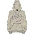 Beige hoodie with colorful graphic design on a white background