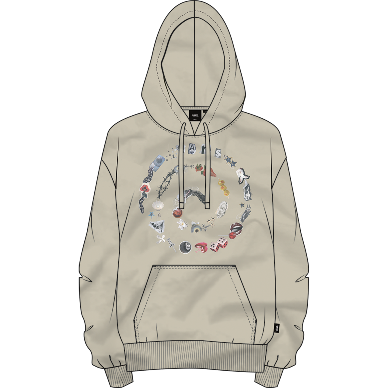 Beige hoodie with colorful graphic design on a white background