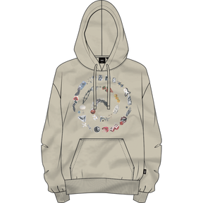 Beige hoodie with colorful graphic design on a white background