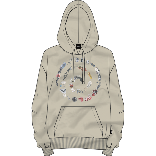 Beige hoodie with colorful graphic design on a white background