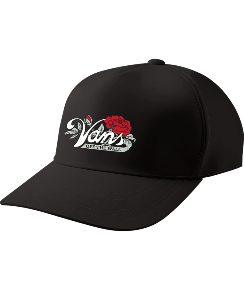 Black cap with Vans logo featuring a rose on a transparent background