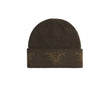 Brown knit beanie with a pattern on a white background