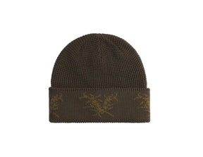 Brown knit beanie with a pattern on a white background