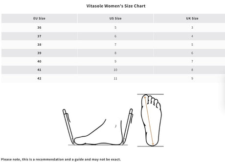 Vitasole Women's Size Chart showing conversions between EU, US, and UK sizes with a foot illustration.